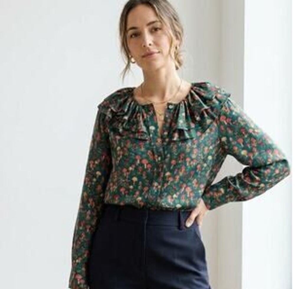 J Crew Collection Silk-Twill Ruffle-Collar Blouse Womens S Green Mushroom Floral